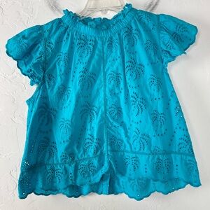 Jennifer & Grace‎ Blouse Popover Knit Shirt Top Eyelet Lace Solid Blue Ruffle